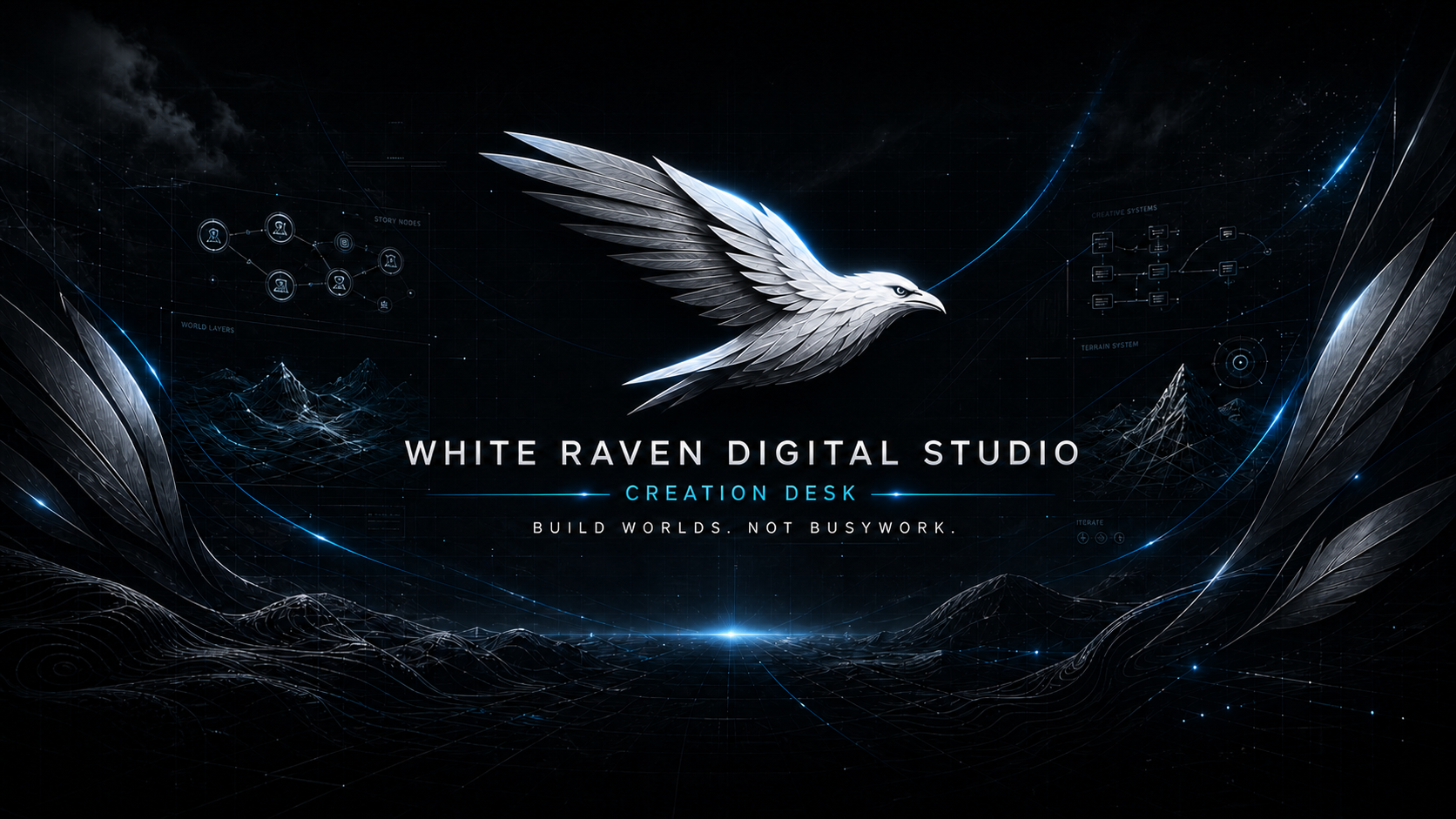 White Raven Digital Studio silver raven emblem on a dark background